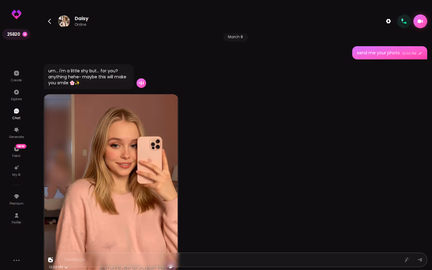 GoLove desktop chat with a character response and photo delivered in-thread