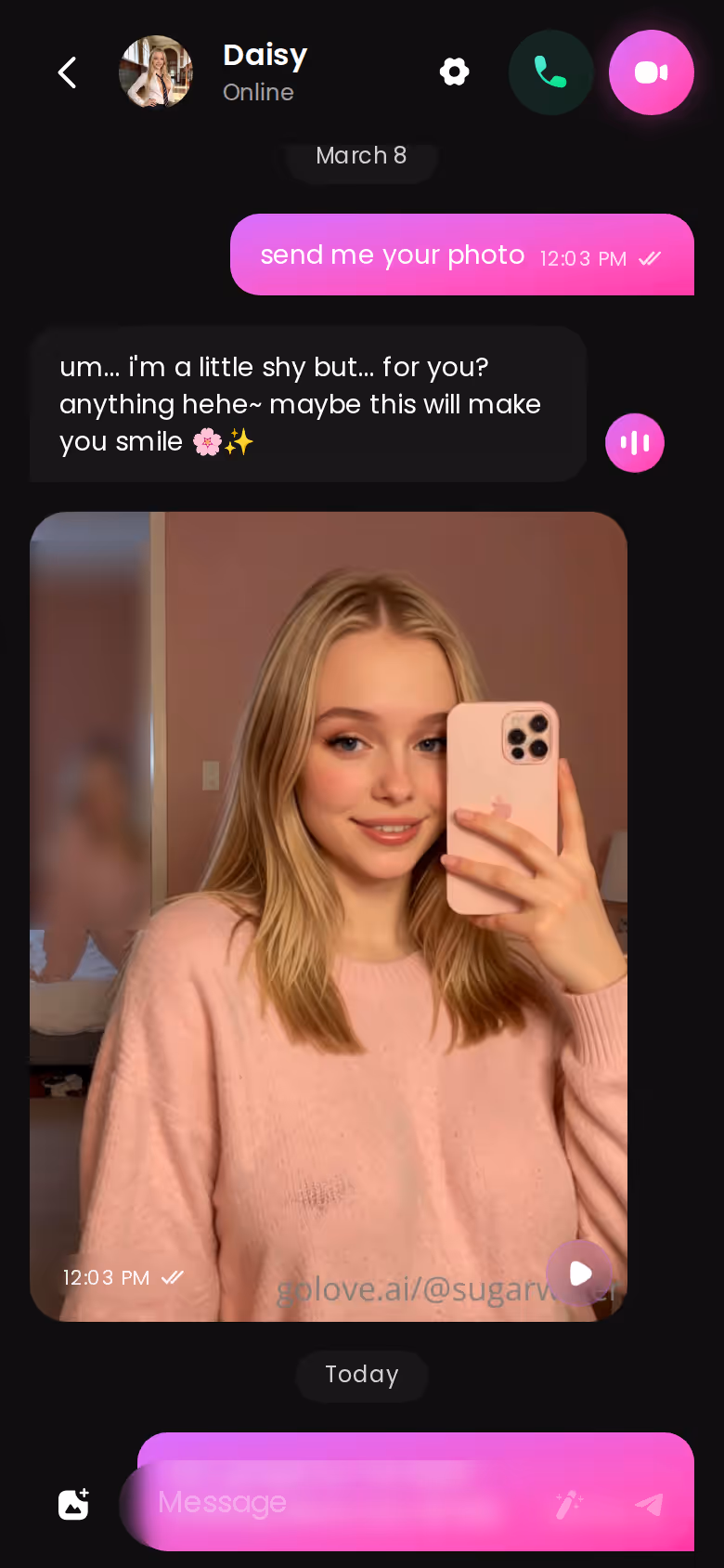 GoLove.ai mobile chat thread where a flirty conversation turns into an in-chat photo request and the character replies with an image