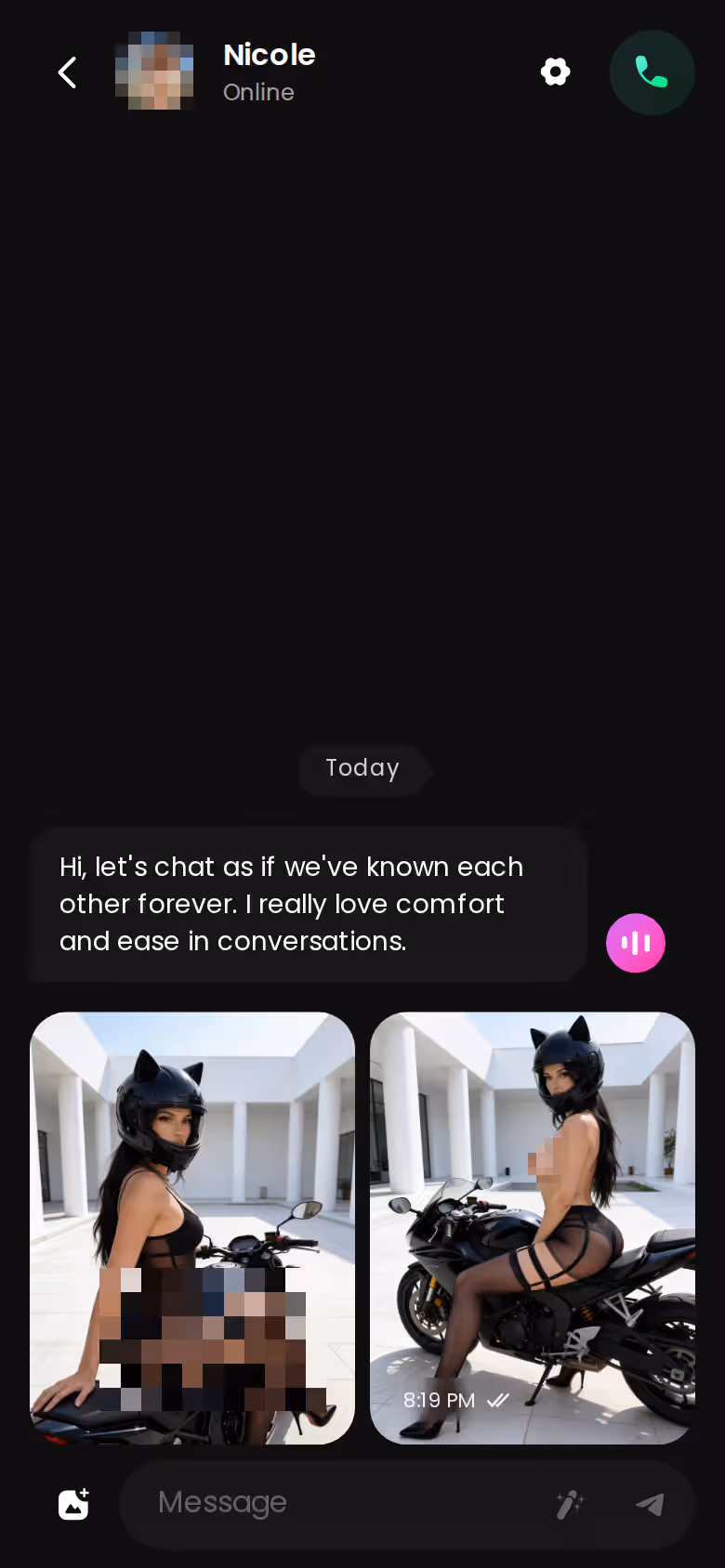 GoLove.ai mobile chat thread with the media button and reply suggestions