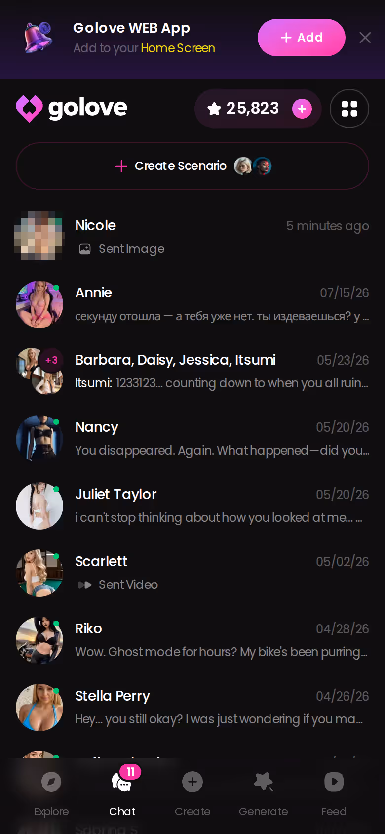 GoLove.ai chats list on mobile showing several companion conversations