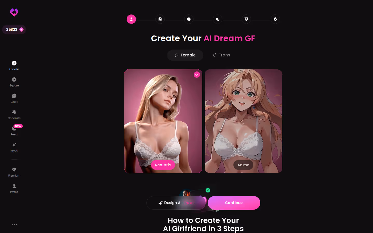 GoLove.ai Create wizard on desktop with Realistic, Anime, Trans and Design with AI options