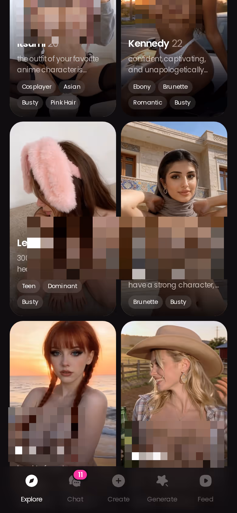 GoLove Explore tab on mobile showing realistic AI companions ready to chat