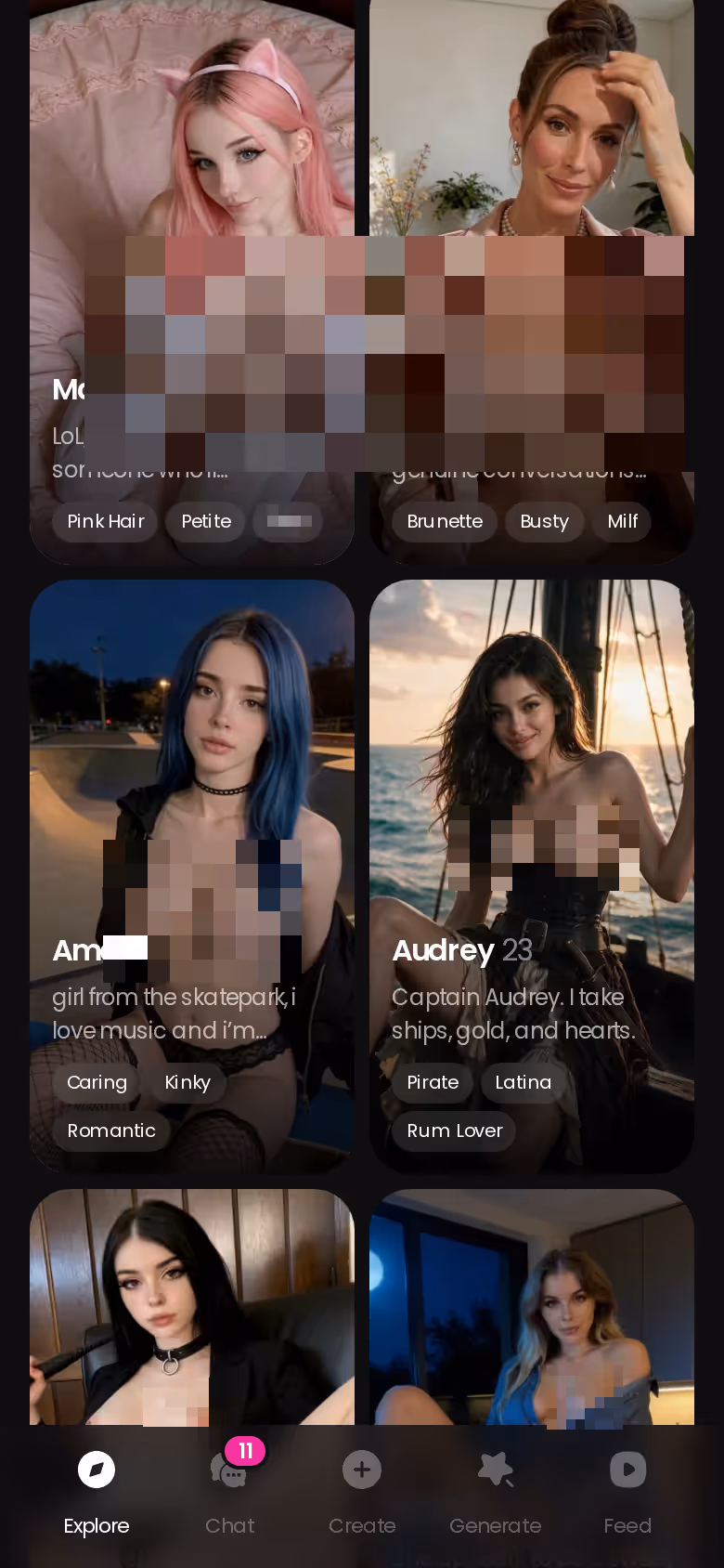GoLove.ai Explore on mobile, where one tap opens a chat with a realistic character