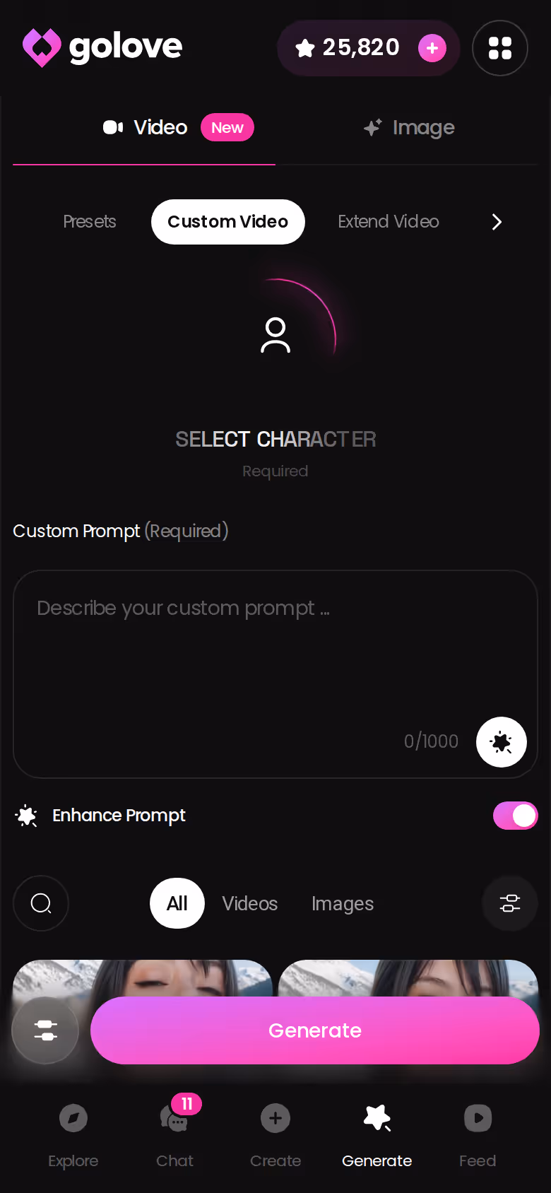 GoLove.ai video generator on mobile, building a clip from action, clothes and background preset cards
