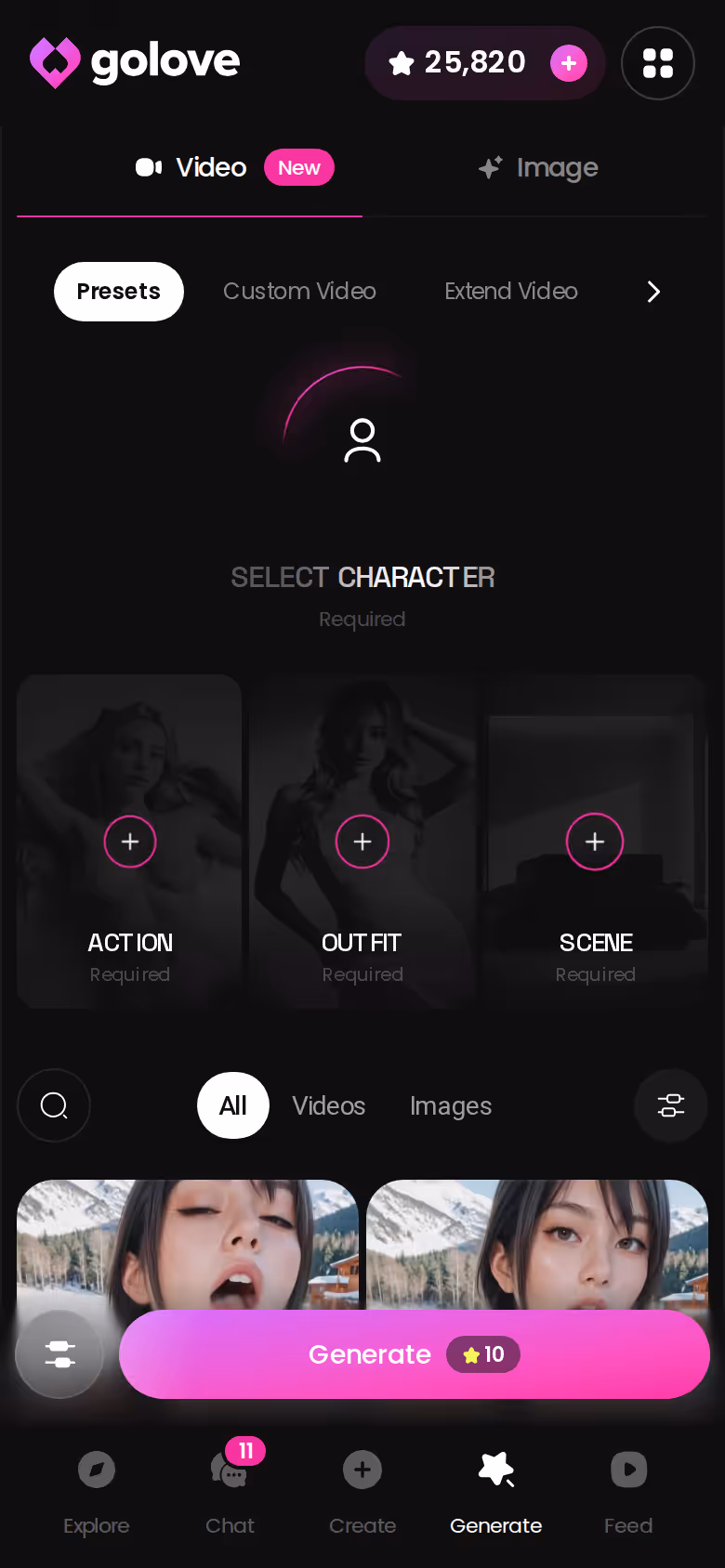 GoLove.ai Generate hub on mobile with image and video tabs available to free users