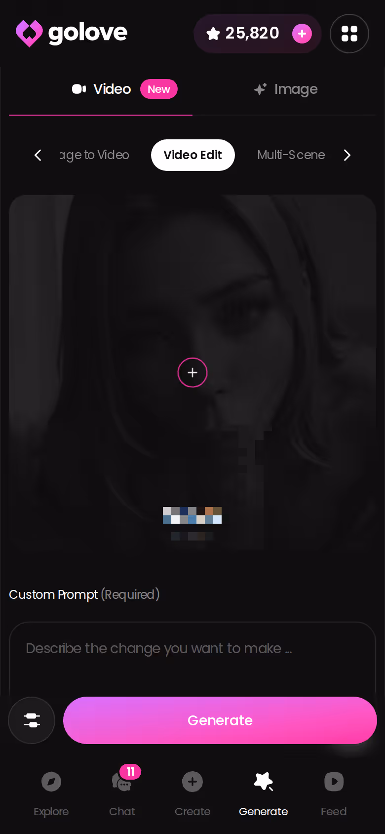 Editing an existing generated video on GoLove.ai mobile